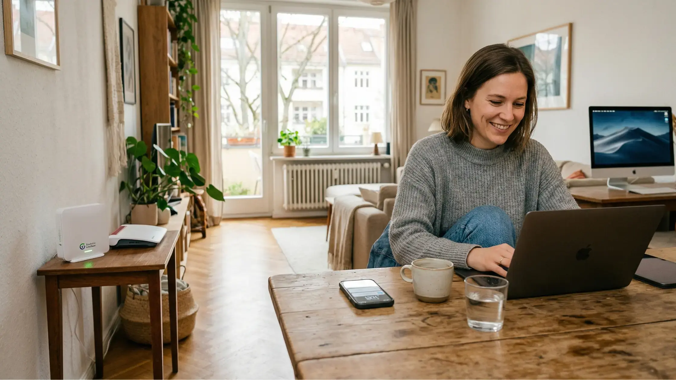 Person im hellen Homeoffice in moderner Wohnung mit Laptop und dezent sichtbarer Glasfasertechnik im Hintergrund