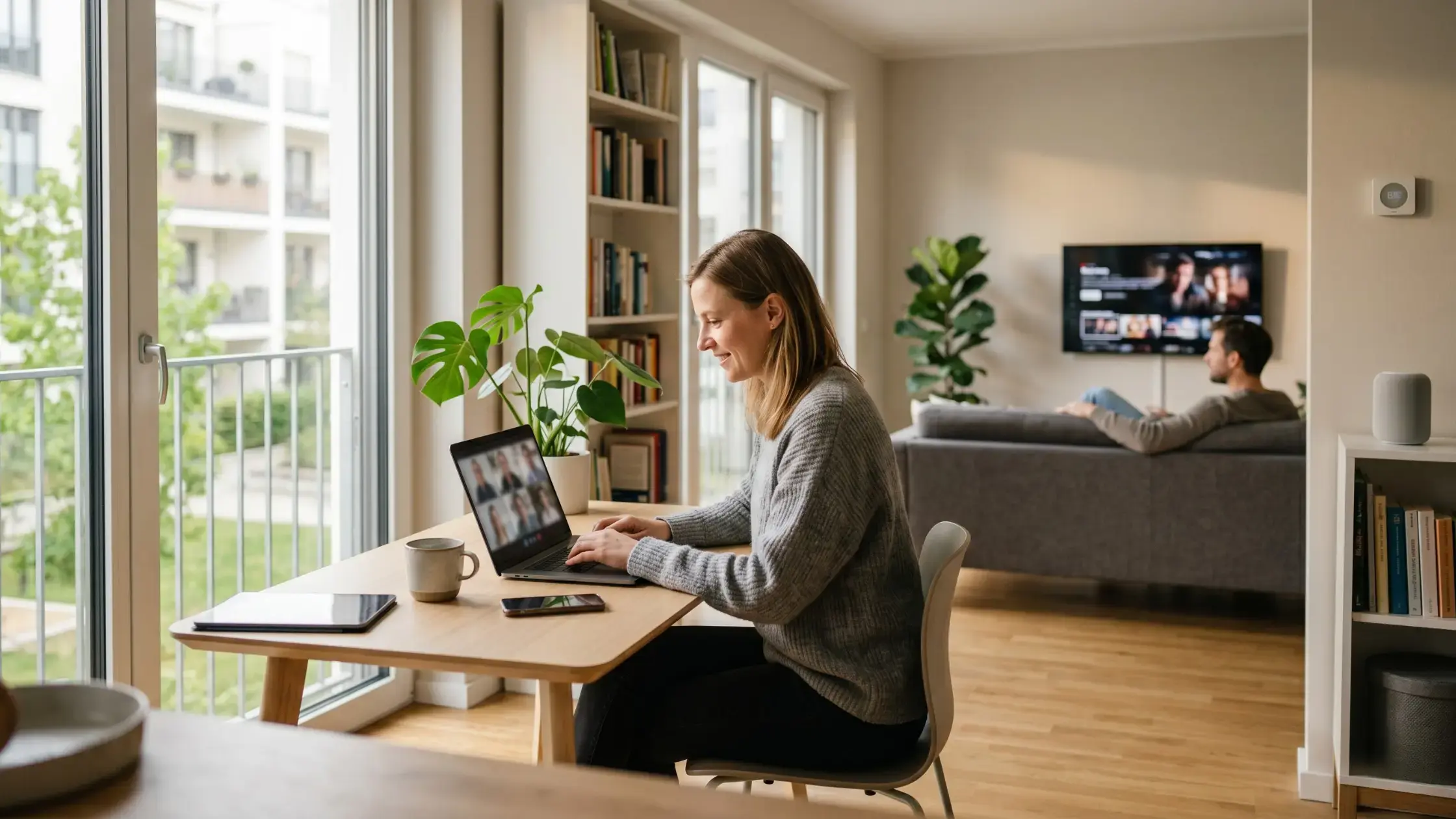 Person arbeitet im Homeoffice, während zuhause mehrere digitale Anwendungen wie Videocall, Streaming und mobile Geräte gleichzeitig genutzt werden.