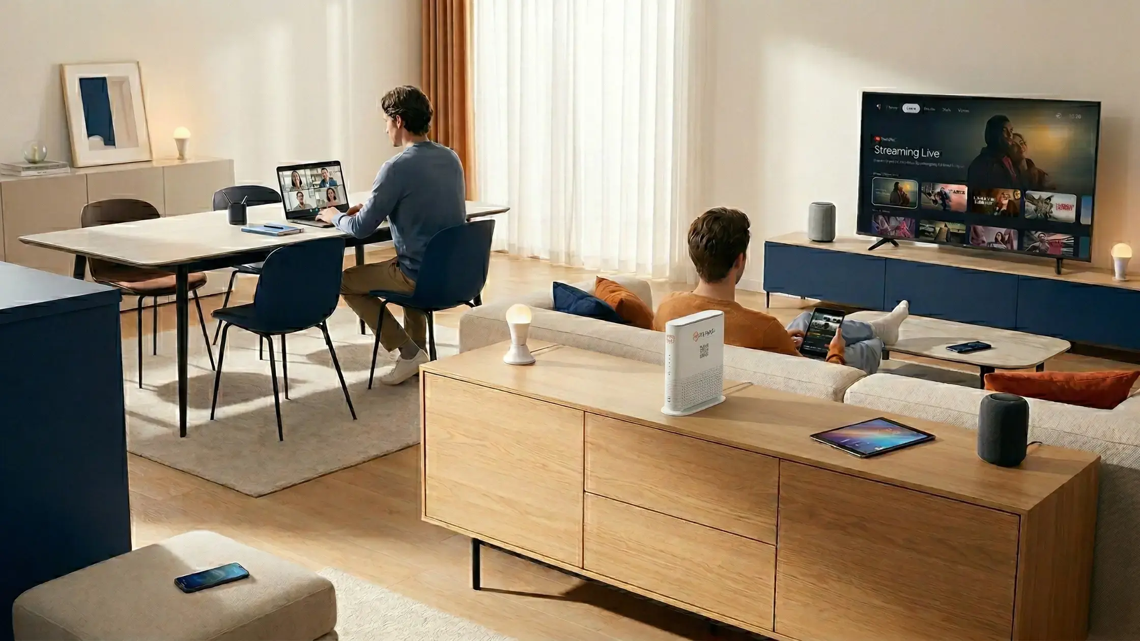 Tri-Band vs. Dual-Band WLAN im Alltag: modernes Zuhause mit Videocall, Streaming, mehreren Geräten und sichtbarem Router.